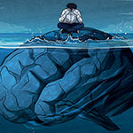 a sad person sitting on top of a giant brain that is mostly underwater