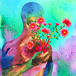 Abstract and colorful representation of a human silhouette holding flowers