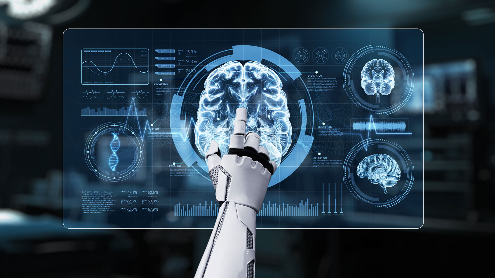 Close up of robot hand pointing and clicking at brain holographic.