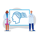two clinicians standing next to an image of a head with squiggly EEG lines, inside a box, indicating seizure zones