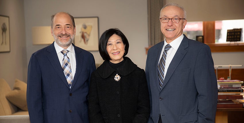 Professor Mike Greenberg, Lisa Yang, and Dean George Daley