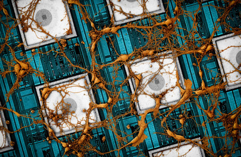 Neuronal Network Cultured on an Integrated Circuit Chip by Jeffrey Abbott and Tianyang Ye
