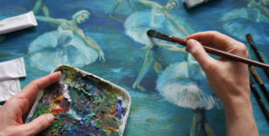 Swan Lake ballet Painting Acrylic and Full spectrum on Cardboard”nbrush, palette and artist’s hand