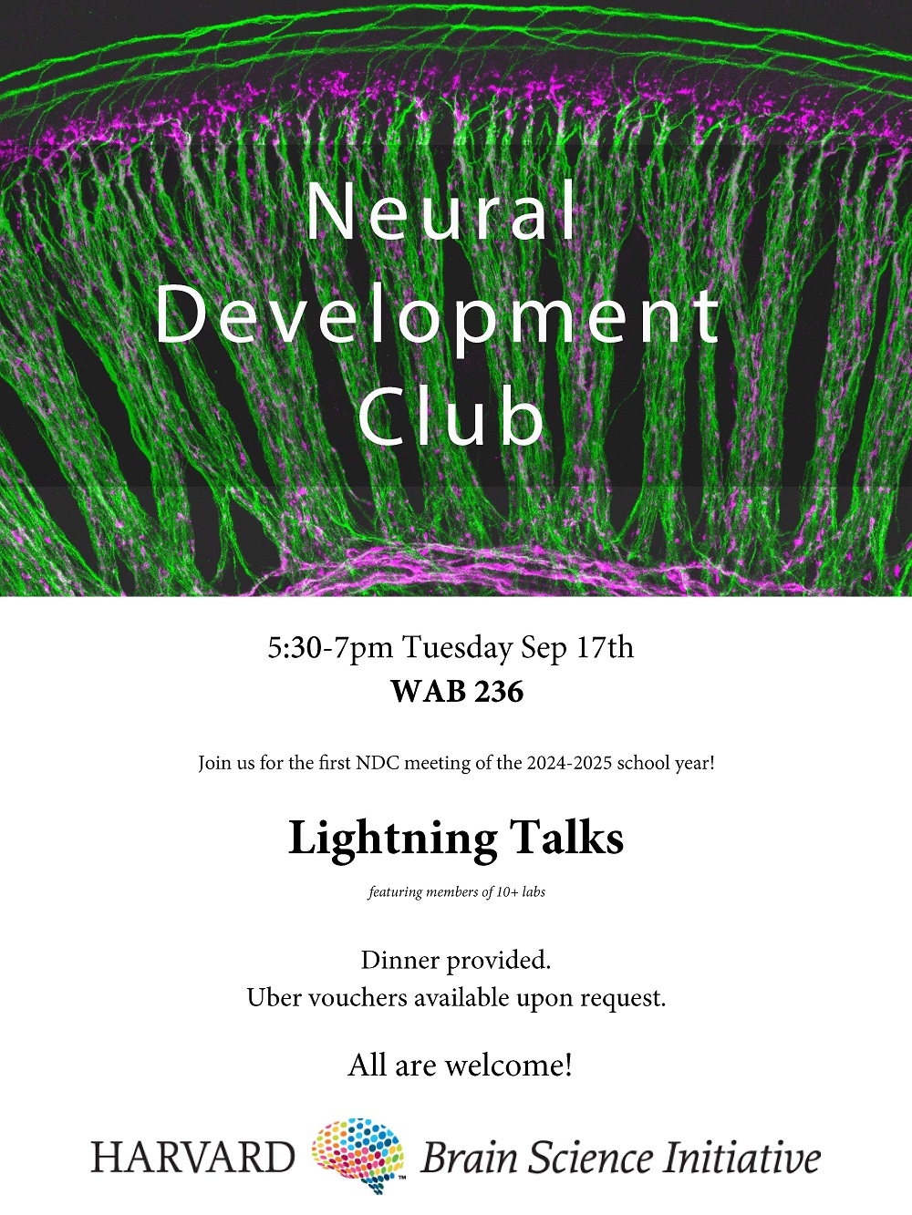 Join us on September 17th for the first NDC meeting of the 2024-2025 school year! This meeting features lighting talks from members of 10+ labs. HBI Neural Development Club Meeting Tuesday, September 17 | 5:30pm Harvard Medical School Warren Alpert Building, Room 236 200 Longwood Ave, Boston Snacks and drinks provided! Uber vouchers available upon request for members of the Harvard Community. Please email us at info@brain.harvard.edu to request one.