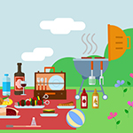 cartoon illustration of a Summer picnic in park on the meadow