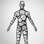 many clocks assembled into the shape of a person