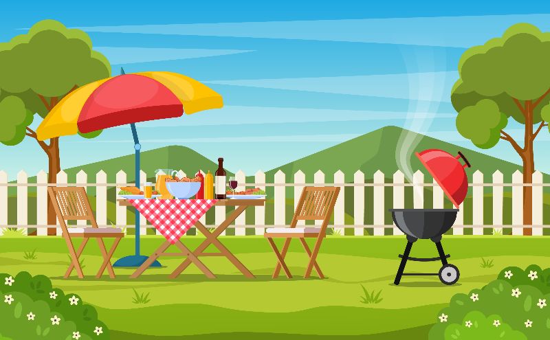 illustration of a grill and picnic table with umbrella and food