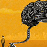 cartoon depicting a person looking at a road tangled into the shape of a brain