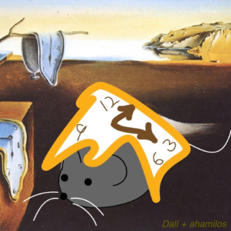 fragment of dali's "persistence of memory" with a cartoon mouse with a melted clock inserted