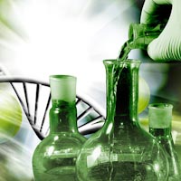 artistic rendering of dna and a gloved hand pouring liquid into a beaker