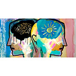 Artwork depicts two silhouetted heads facing away from each other. One has a dark cloud with scrambled lines in it where the brain would be, representing low mood. The other head has a shining sun.