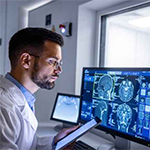 a male doctor looking at a tablet while an MRI image is displayed on a computer screen