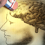 an illustration of a head with the brain being erased by a pencil eraser