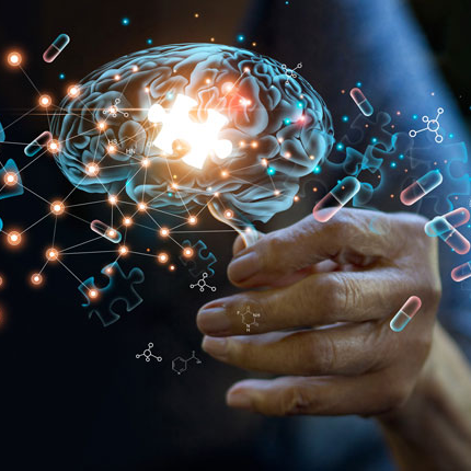 illustration of a hand holding a brain with a puzzle piece shape highlighted
