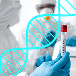 Selective focus of scientist and her african american colleague doing dna test and dna illustration