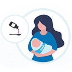 illustration of a woman holding baby, and a bottle pouring medicine into a spoon