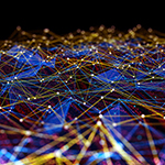 "Abstract representation of a network, with dozens of blue and orange nodes connected by sharp lines.