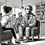 an illustration of a person talking to a robot in a coffee shop