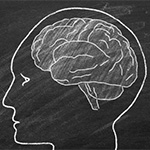 a chalk drawing of a human head and brain on a chalkboard background